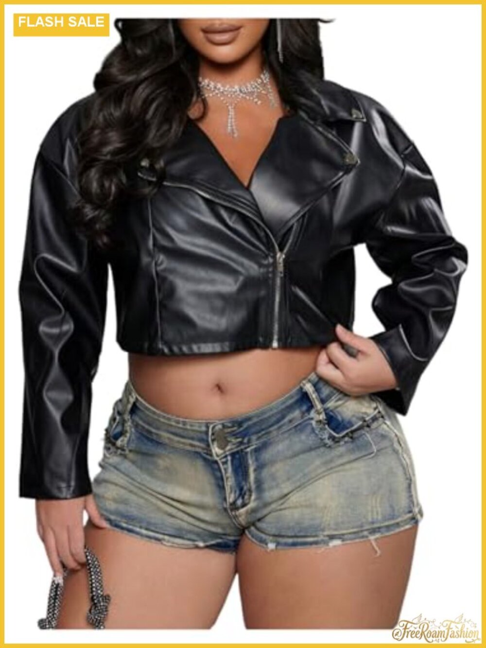 Plus Size Faux Leather Jacket Full Zip Long Sleeve Bomber Crop Moto
